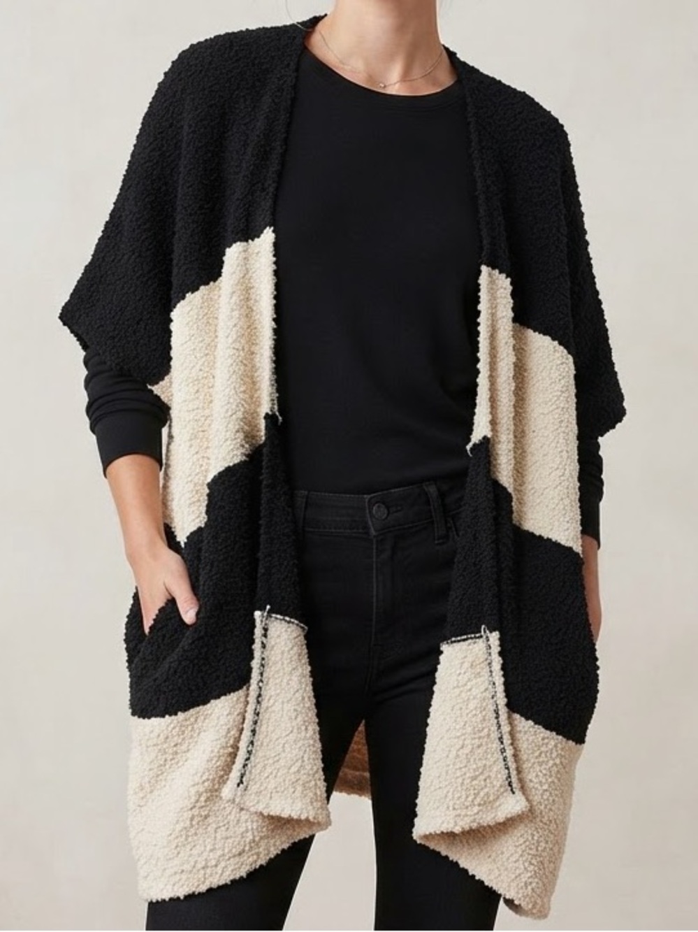 Maurices Black and Cream Colorblock Open-Front Poncho Cardigan